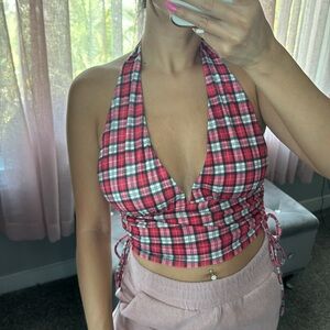 Red plaid cropped halter top